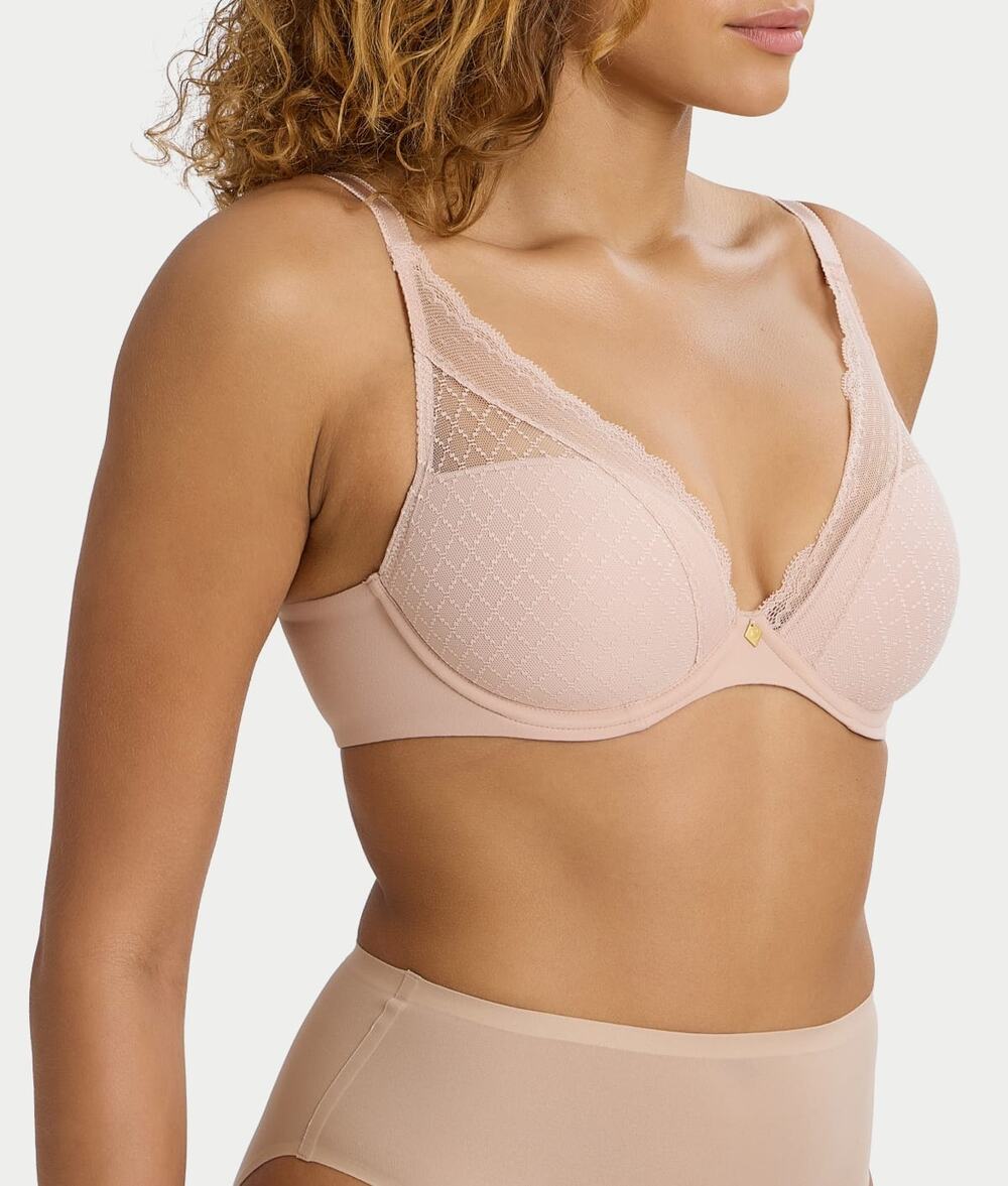 Chantelle Norah Chic Plunge T-Shirt Bra 32D Nude Rose Lace Underwire